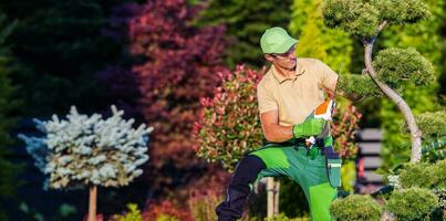 Fachmann Gärtner mit Hecke Trimmer Leistung Werkzeug foto