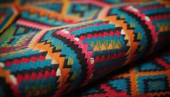 gewebte Teppich mit beschwingt Farben und geometrisch Formen, ein kulturell Souvenir generativ ai foto