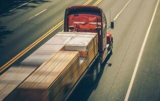 Beschleunigen halb LKW mit Holz Material Belastung foto