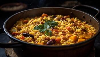 frisch Vegetarier Paella mit Tomate, Zwiebel, und Glocke Pfeffer gekocht perfekt generativ ai foto