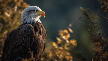 majestätisch kahl Adler sich niederlassen auf Zweig, Fokus auf Vordergrund generiert durch ai foto