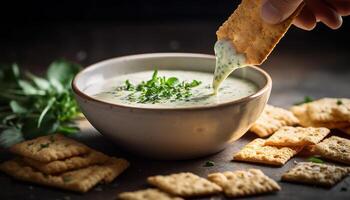 hausgemacht Vegetarier Suppe, gesund Essen mit frisch Gemüse und Kräuter generiert durch ai foto