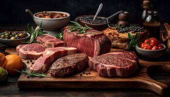 gegrillt Lendenstück Steak mit Kraut Würze auf rustikal hölzern Tabelle generiert durch ai foto