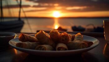 Sonnenuntergang Yacht Mahlzeit Gourmet Meeresfrüchte Vorspeise auf tropisch Holz Tabelle generiert durch ai foto