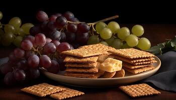 frisch Gourmet Snack ein Variation von Frucht, brot, und Käse generiert durch ai foto