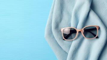 Sommer- Strand Handtuch und Sonnenbrille. generativ ai foto