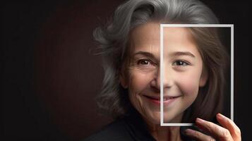 Alten Frau mit faltig Haut Porträt halten ein Foto von Sie selber wie ein jung Mädchen mit perfekt Haut - - generativ ai.
