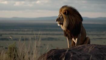 majestätisch Löwe ruhen im das afrikanisch Wildnis, suchen Weg friedlich generiert durch ai foto