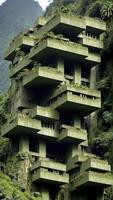 Landschaft von ein verlassen Brutalist Gebäude Struktur gebaut auf bergig Regenwald Terrain - - generativ ai Illustration foto