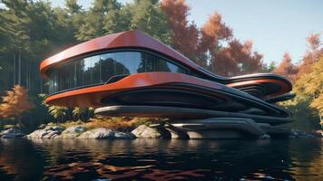 Illustration von ein Sci-Fi futuristisch Cyberpunk Haus im das Ahorn Wald durch das Fluss - - generativ ai foto