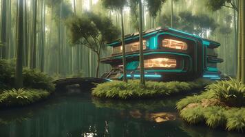 Illustration von ein Sci-Fi futuristisch Cyberpunk Haus im das Urwald durch das Sumpf - - generativ ai foto