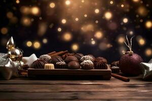 Welt Schokolade Tag Konzept. Schokolade auf Holz Tabelle mit verwischen Hintergrund. foto