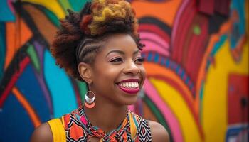 lächelnd jung afrikanisch Frau mit lockig Haar strahlt aus Vertrauen und Schönheit generiert durch ai foto