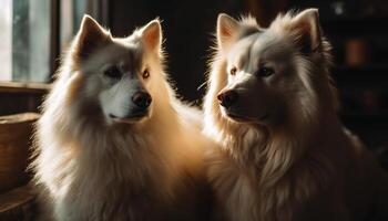 zwei reinrassig Hunde Sitzung draußen, suchen beim Kamera generiert durch ai foto