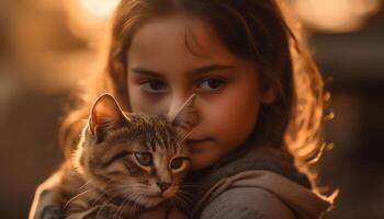 lächelnd Mädchen umarmt spielerisch Kätzchen im Sonnenlicht generiert durch ai foto