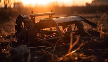 Sonnenuntergang Über ländlich Bauernhof, alt Maschinen Schneiden generiert durch ai foto