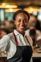 Porträt ein Kellnerin lächelnd zuversichtlich ai generativ foto