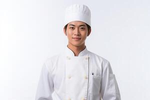 Porträt asiatisch Koch lächelnd zuversichtlich isoliert auf Weiß ai generativ foto