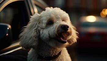 flauschige Bichon frise Hündchen Sitzung im Auto generiert durch ai foto