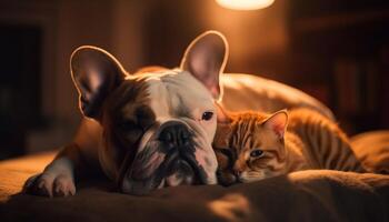 süß Französisch Bulldogge Hündchen Schlafen auf Bett generiert durch ai foto