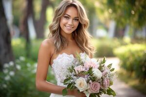 Porträt ein schön Braut mit Blumen Strauß ai generativ foto