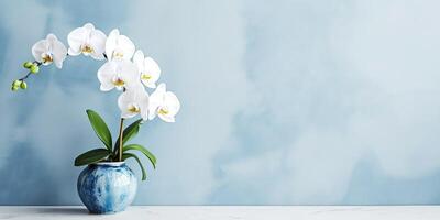 Porträt Vase von Orchidee Blumen auf das Tabelle mit Licht Exposition ai generativ foto