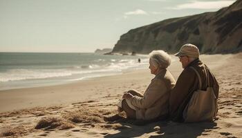 lächelnd Senior Paar genießen Strand Ferien zusammen generiert durch ai foto