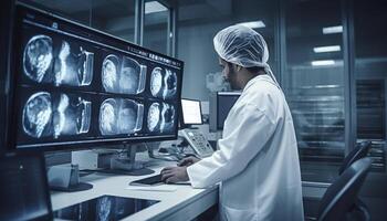 Experte der Chirurg Analysieren medizinisch scannt mit generativ ai generiert durch ai foto