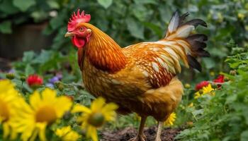 kostenlos Angebot Hahn picken im Grün Wiese generiert durch ai foto