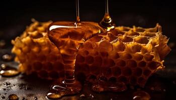 Süss Bienenwabe Form, Bienenwachs rahmen, Gold Flüssigkeit generiert durch ai foto