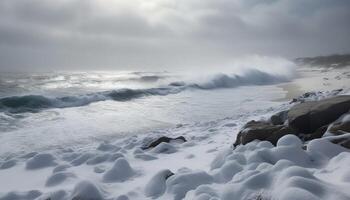 brechen Wellen Spritzen gegen felsig Küste beim Dämmerung generiert durch ai foto