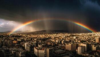 hell Regenbogen leuchtet berühmt Stadt Horizont beim Nacht generiert durch ai foto