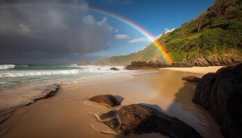 still Seelandschaft Regenbogen Über felsig Küste beim Dämmerung generiert durch ai foto