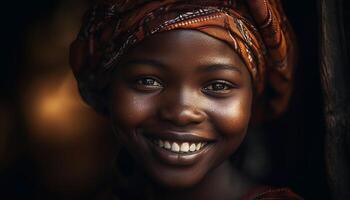 schön afrikanisch Frau mit zuversichtlich, zahnig Lächeln generiert durch ai foto