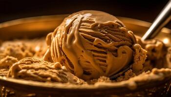 nachsichtig Schokolade Eis Sahne Eisbecher auf rustikal Teller generiert durch ai foto