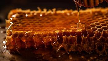 beschäftigt Honig Bienen Arbeiten im sechseckig Zellen generiert durch ai foto