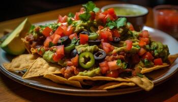 frisch Guacamole und Tomate auf knusprig Tortilla generiert durch ai foto