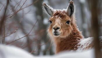 Porträt von ein süß gehörnt Hirsch suchen generiert durch ai foto