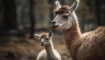 flauschige Alpaka weidet im ländlich Wiese, süß Porträt generiert durch ai foto