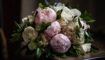 romantisch Hochzeit Strauß Pfingstrosen, Hortensien, und Tulpen generiert durch ai foto