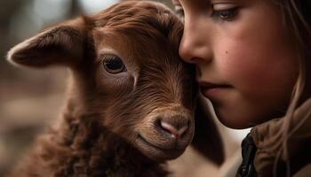 lächelnd Mädchen mit süß Ziege auf Bauernhof generiert durch ai foto