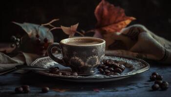 ein rustikal Kaffee Tabelle mit frisch Bohne Aroma generiert durch ai foto