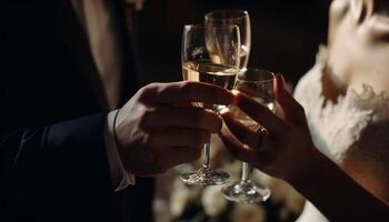 zwei elegant Erwachsene Toast Champagner beim Hochzeit Feier generiert durch ai foto