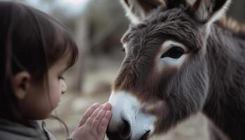 lächelnd Kind Schlaganfälle süß Esel auf Bauernhof generiert durch ai foto