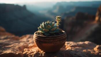 Berg Landschaft, trocken Hitze, saftig Wachstum im Vase generiert durch ai foto