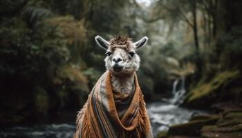 Alpaka im das wild, suchen beim Kamera, majestätisch generiert durch ai foto