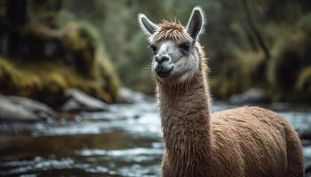 süß Alpaka suchen beim Kamera im Wiese generiert durch ai foto