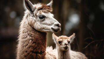 süß Alpaka mit Sanft Vlies Weiden lassen im Wiese generiert durch ai foto