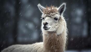 süß Alpaka mit nass Pelz im Schnee generiert durch ai foto