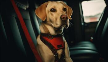 süß reinrassig Retriever Hündchen Sitzung im Auto generiert durch ai foto